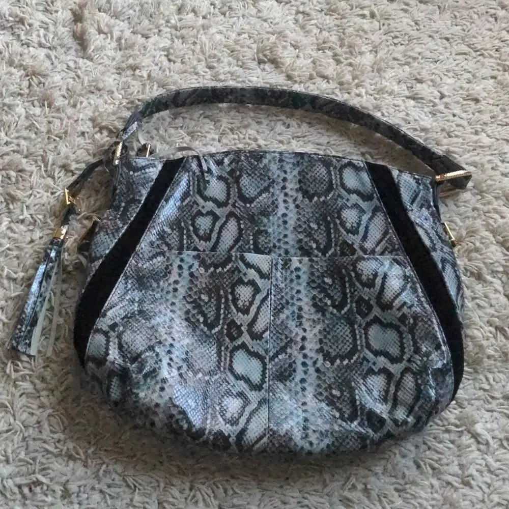 Aimee Kestenberg Snakeskin Embossed and Black Suede Large Hobo Bag